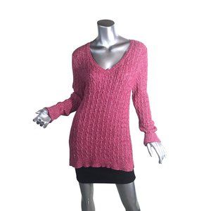 Croft & Barrow Women's Medium Red Pink White Cable Knit Sweater V Neck Tunic Top